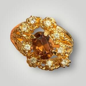 Vintage 18K THGE Gold Plated Cocktail Ring Brown Gemstone Halo Size 9.5